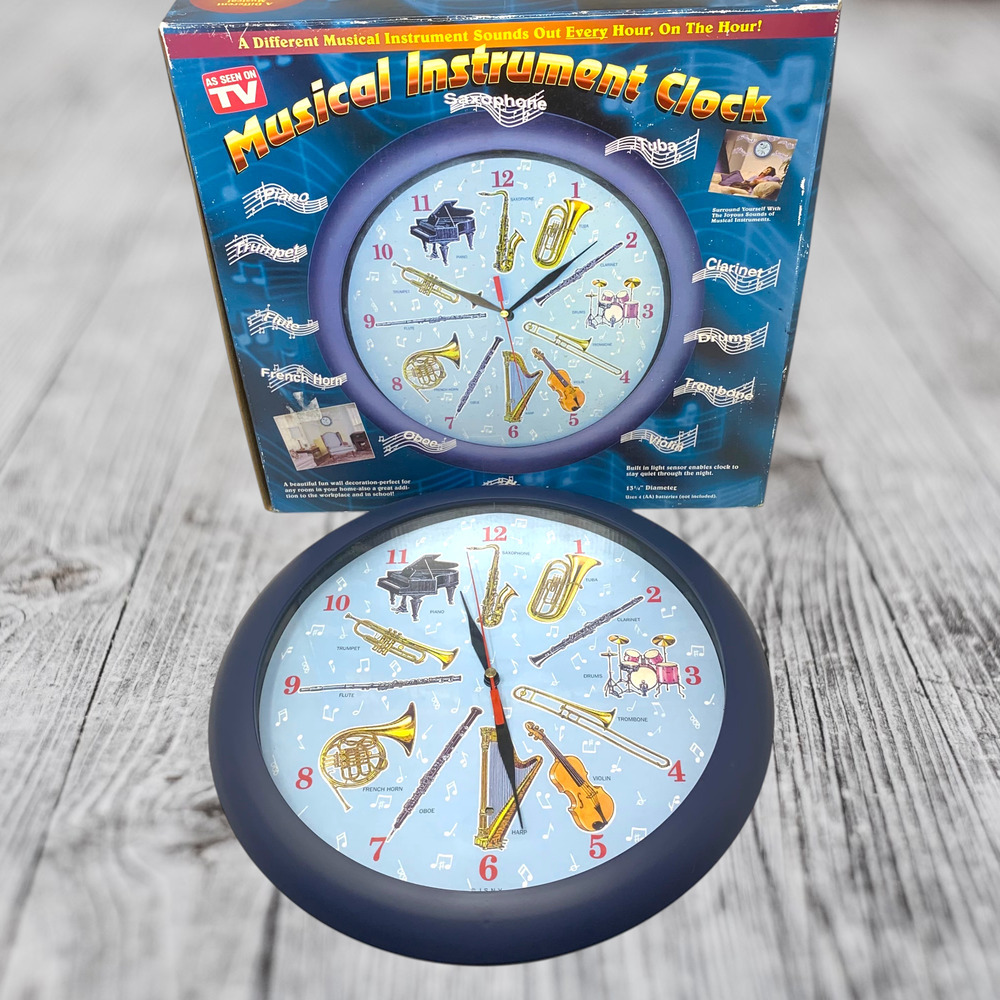 Vintage 1999 Musical Instrument Wall Clock As Seen On TV Tested Works w/ Box